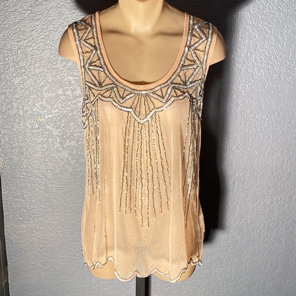 MODCLOTH - NWT - tank: rose gold sheer w beads / sequins ‘Frock Shop’ - L - Picture 2 of 16